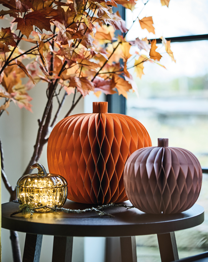 Decorative pumpkins beside autumn branches.