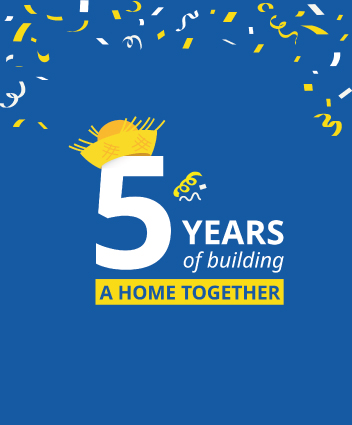 5-year celebration graphic, building a home together, with confetti on a blue background.