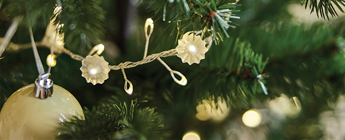 Guirnalda de luces LED con forma de flor entre las ramas de un árbol de Navidad.