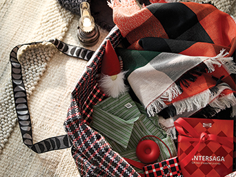 Shopping bag filled with plaid blankets, Christmas ornaments, and a gift box.