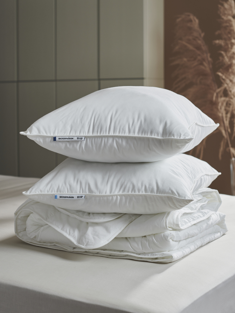 Almohadas y edredón blancos apilados.