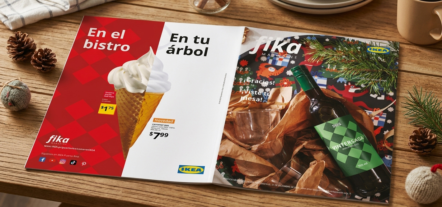 Top-down view of a table featuring IKEA's "fika MAGAZINE", cutlery, a plate of salmon with green beans, a fresh salad, garlic bread, and a drink.