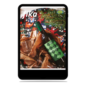 A digital tablet in portrait orientation displaying the cover of IKEA's "fika MAGAZINE" on its screen, against a white background.